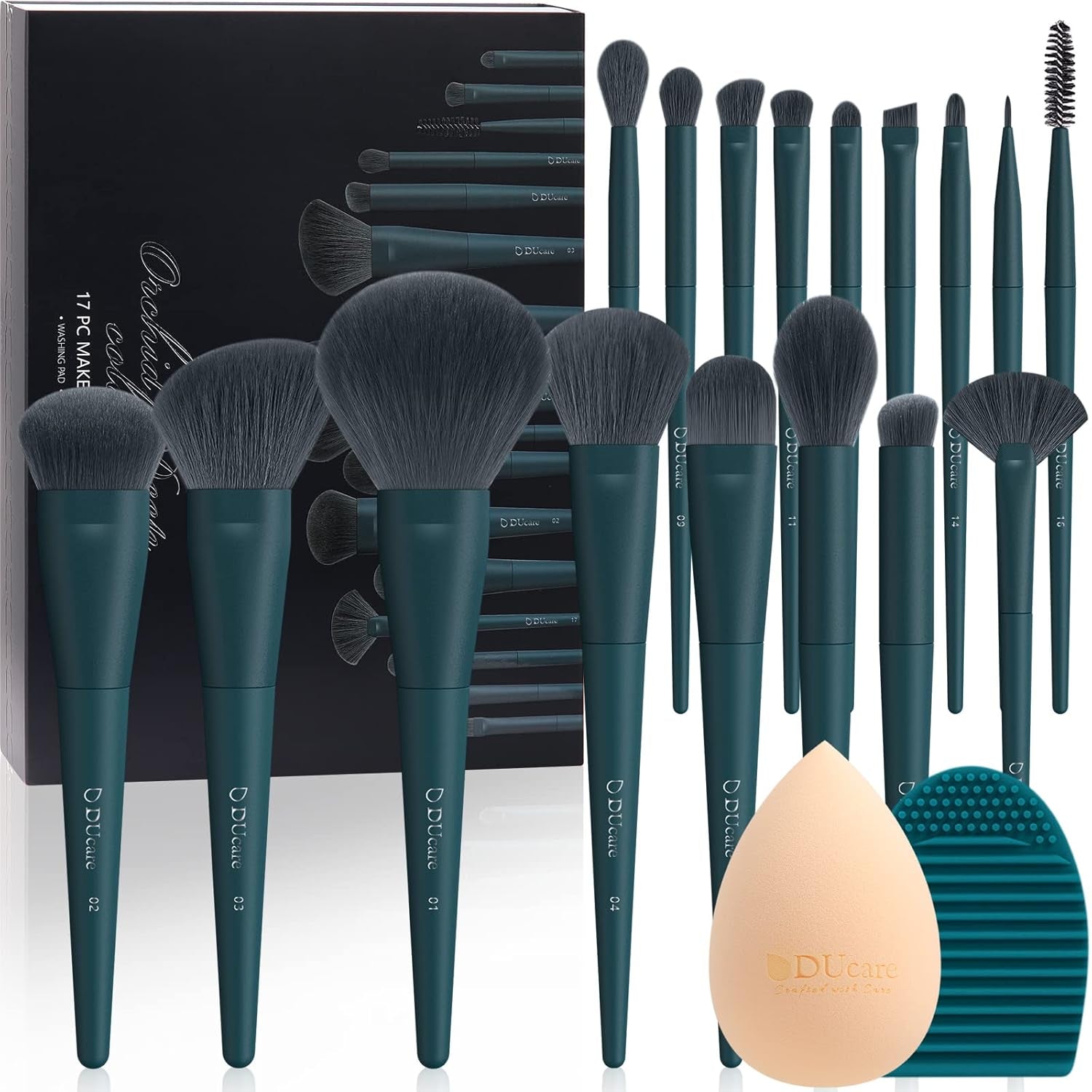 Makeup Brushes Set 17 Pcs with Brush Cleaning Mat and Makeup Sponge Professional Face Powder Eye Shadow Powder Liquid Cream Kit Gift Box