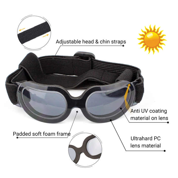 NNEDSZ Black Lenses Pet Sunglasses for Dogs and Cats - UV Protection, Adjustable Strap, Anti-Wind and Anti-Fog Pet Goggles
